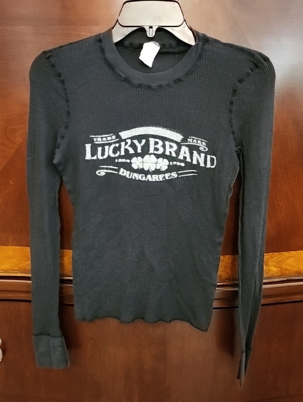 Vtg Lucky Brand Black Long Sleeve Waffle Weave Fitted Cotton Top, Size M